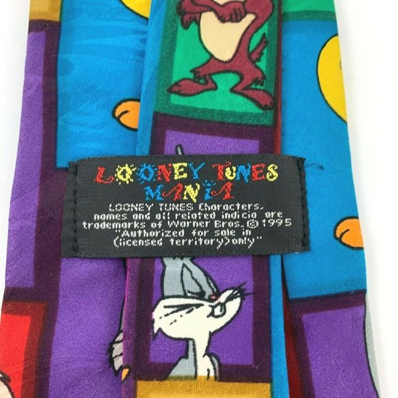Looney Tunes Mania Men's Novelty Necktie: Rectangles w/ Bugs, Marvin, Taz, Pepe. - Picture 3 of 4